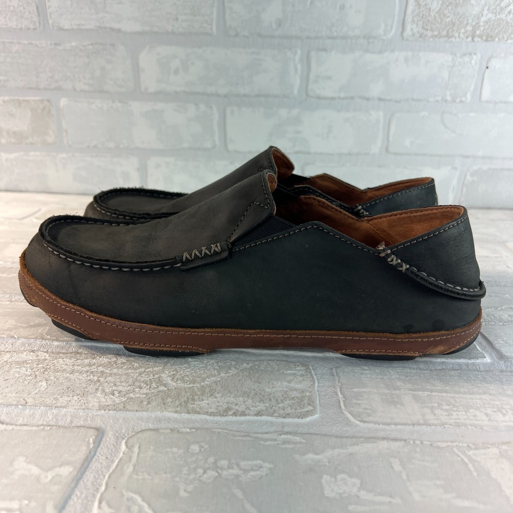 Olukai Moloa Shoes Mens 11 Black Convertible Leather Slip On Casual Moc Loafers - Picture 6 of 14
